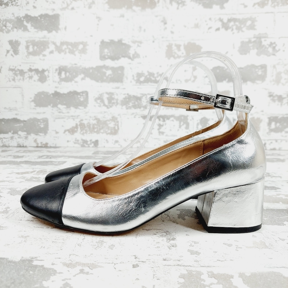 Steve Madden Eli Black Silver Ankle Strap Block Heel Pumps M981